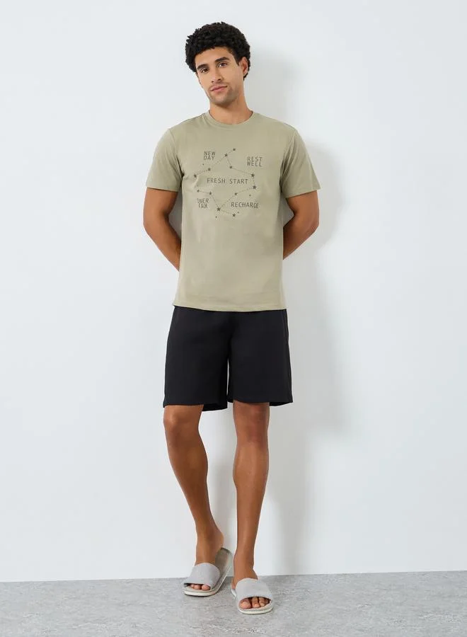 Styli  Men Printed Knit T-Shirt and Shorts Set for Men | Best Price UAE